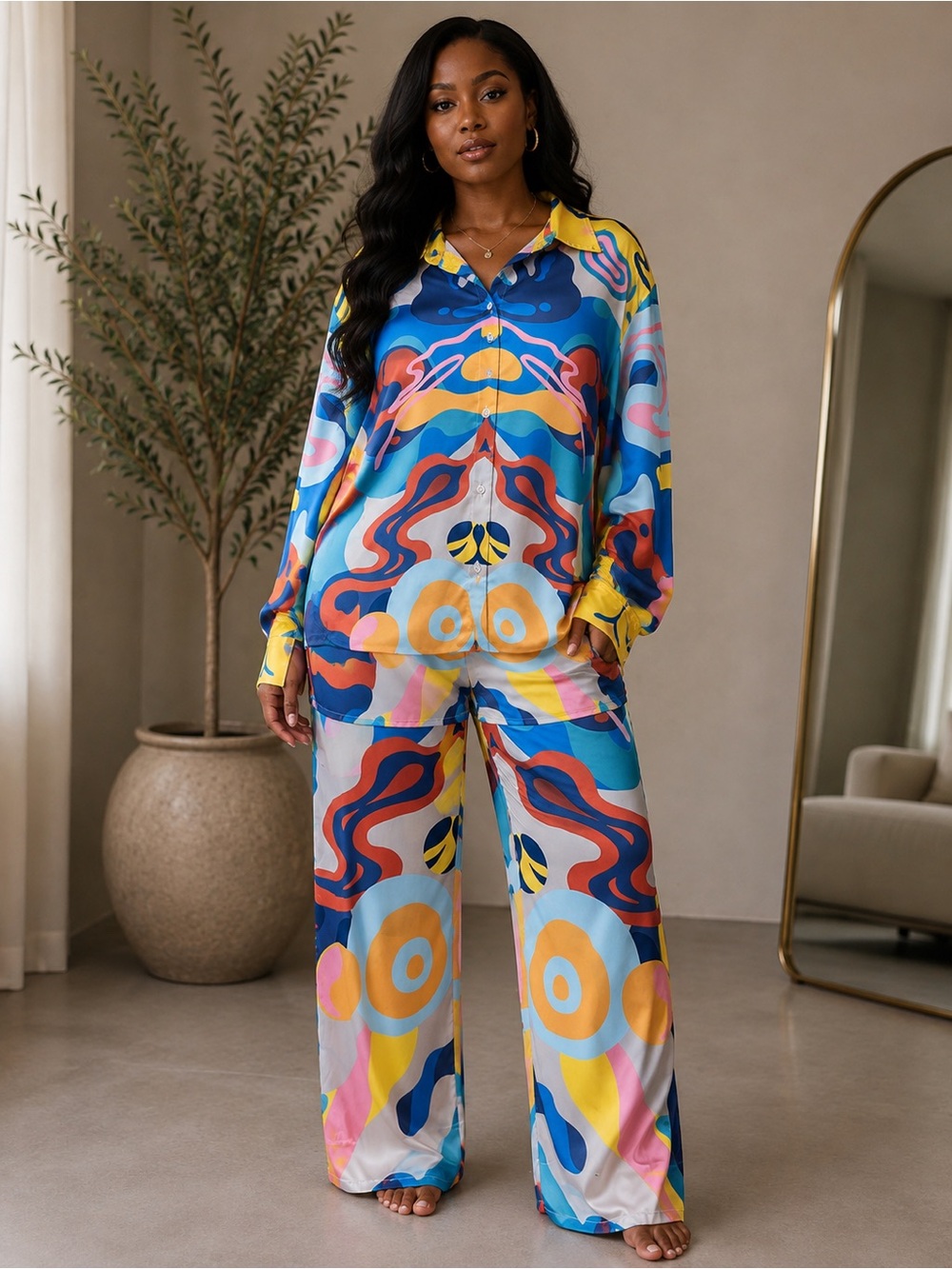 Women’s Multicolor Wide-Leg Pants & Matching Top Set